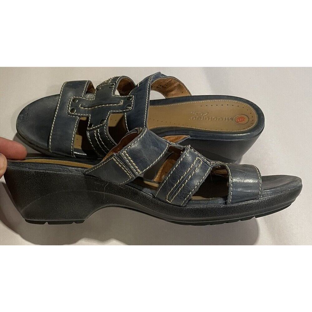 Clarks Unstructured Sandal Blue Leather Strap‎ Comfort Shoes Cushioned Size 9